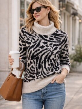 H&M Divided Black White Animal Print Cowl Neck Sweater | Cozy Chic | Sz S